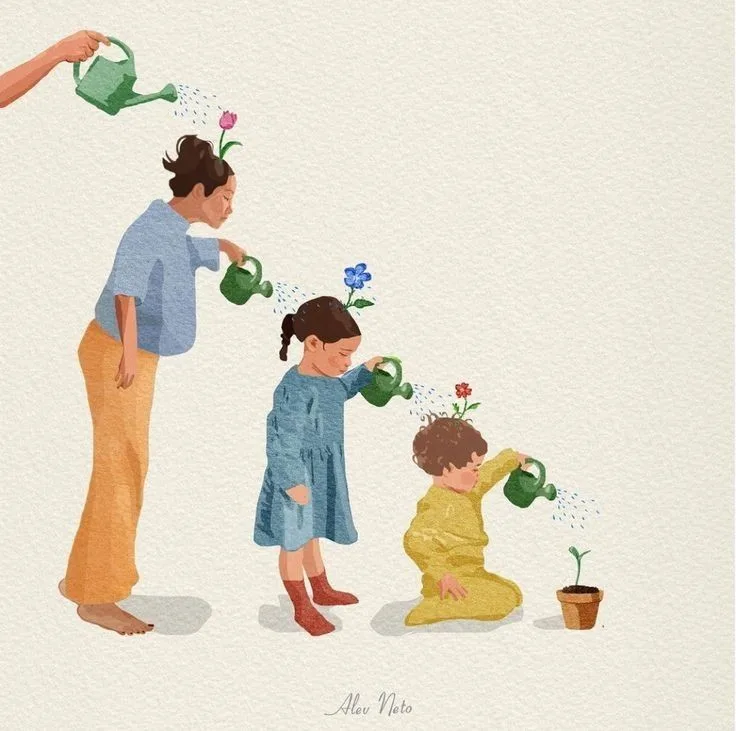 Ilustración: familia regando plantas