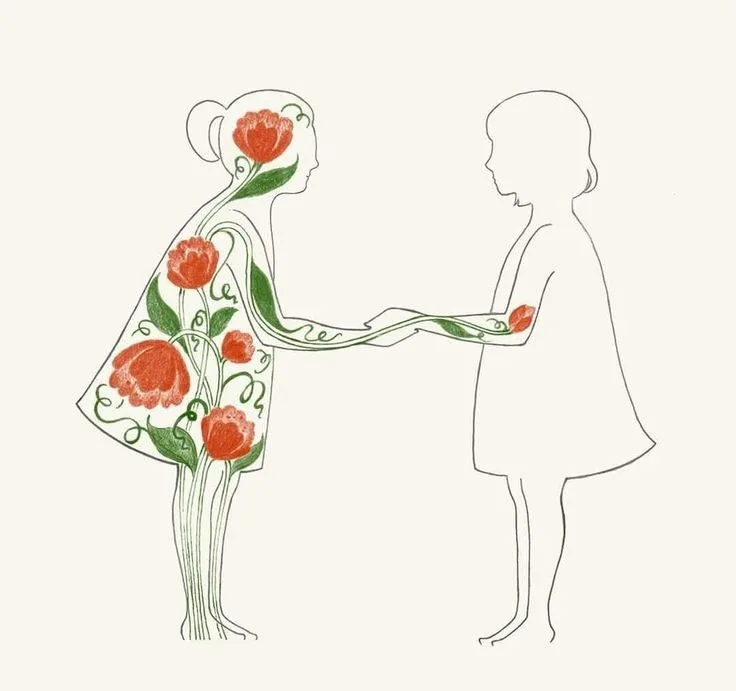 Ilustración: mujer con flores entregando flor a niña